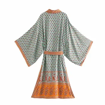 2020 Jeseni Novo Bohemian Vestido Cvjetnim tiskanja Vezenine, Čipke Dolgo Zrelih Žensk Elegantna Kimono