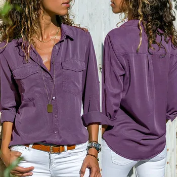 Pomlad Majice z Dolgimi Rokavi Za Ženske Priložnostne Gumb Gor Majico S Pocket Plus Velikost Bluze Barva Gumb Majica S-5xl